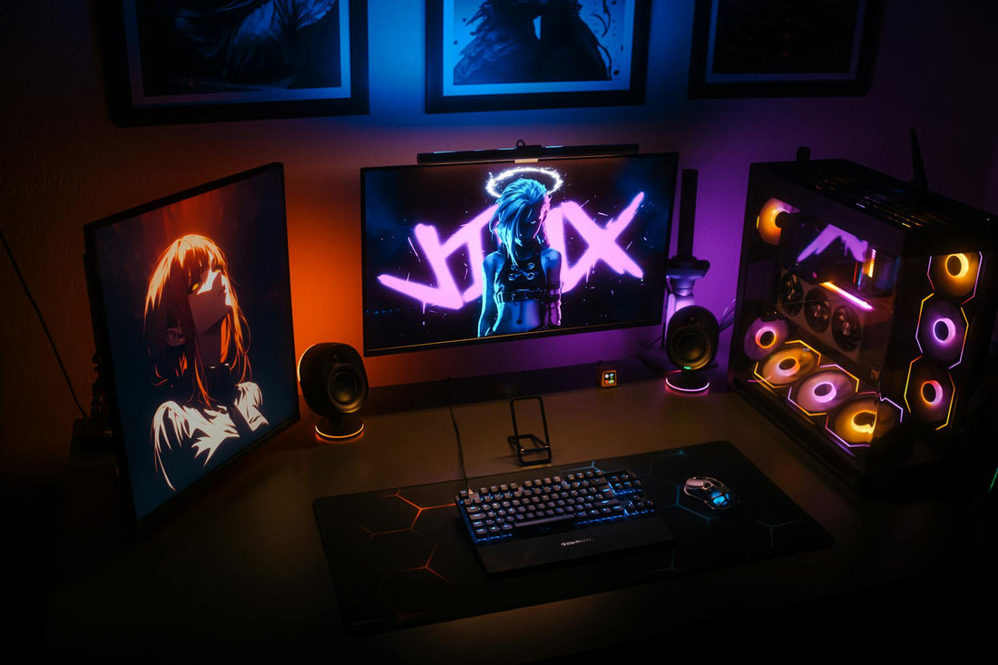 Setup de bureau gaming moderne avec accessoires RGB et éclairage LED